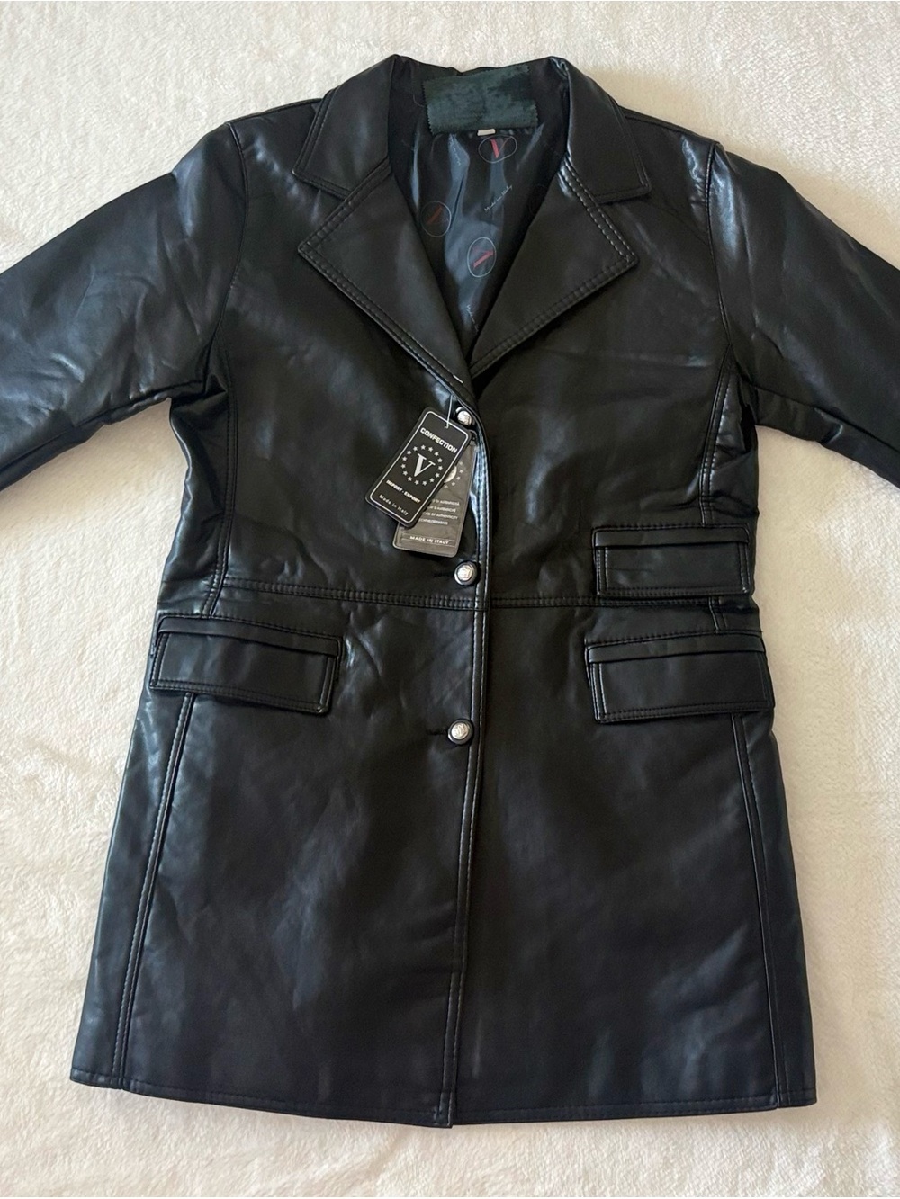Collection V Black Faux Leather Tailored Single-Breasted Coat. Made in Italy